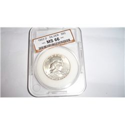 1953-D MS-66 Silver Franklin Half Dollar