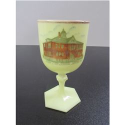 Vintage Unmarked Fenton Chalice with the New High School in Benton Wis.