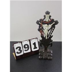 Handcarved 16" Wooden Cross With A Porcelain Jesus Figurine On Cross