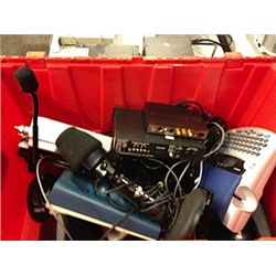 BIN WITH ASSORTED MICROPHONES & MISC EQUIPMENT