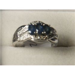 BLUE SAPPIRE DIAMOND PLATNIUM OVERLAY SILVER TRILOGY RING SIZE 7