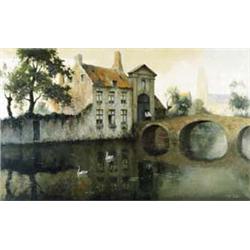 JULIEN CÉLOS 1884-1953 Belgische School:HET MINNEWATER TE BRUGGE