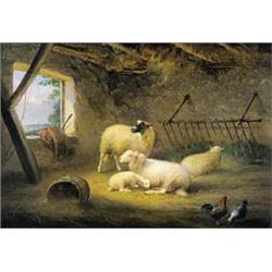 FRANÇOIS VAN SEVERDONCK 1809-1889 Belgische School:STALINTERIEUR MET SCHAPEN, KIP EN HAAN