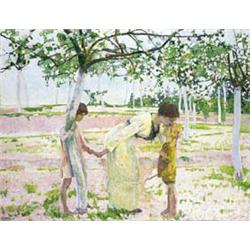 ERNEST WELVAERT 1880-1946 Belgische School:MOEDER EN KINDEREN IN DE BLOEIENDE BOOMGAARD