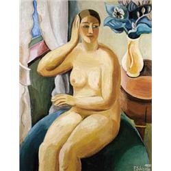 FERDINAND SCHIRREN 1872-1944 Belgische School:ZITTEND NAAKT IN INTERIEUR
