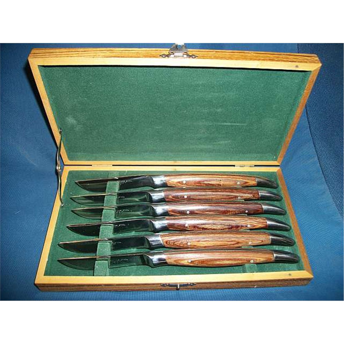Set of 6 Steak Knives, Wood Handles, Marked "Stainless Steel", "Jet