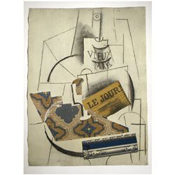 Pablo Picasso, Papiers Colles: Bouteille de Vieux Marc, Verre et “Le Journal”