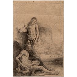 Rembrandt, Nude Man Seated and Another Standing with a Woman and a Baby