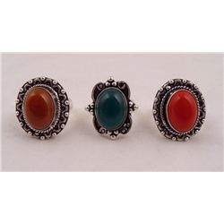 3 Sterling Rings Coral Green Onyx Red Onyx