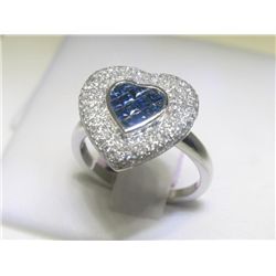 Blue Sapphire and Diamonds 14K White Gold Heart Ring