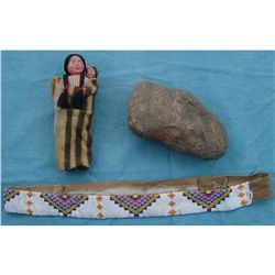 Beaded Indian Childrens Belt, Doll & Stone