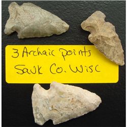 3 Archaic Points Sauk Co. Wisc.