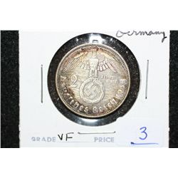 1938A Nazi Germany 2 Reichsmark, VF, Flying Eagle w/Swatstika
