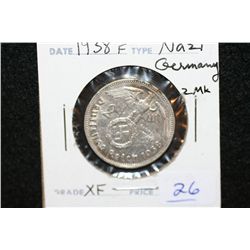 1938F Nazi Germany 2 Reichsmark, XF, Flying Eagle w/Swatstika