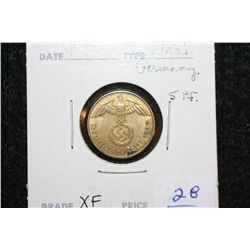 1937A Nazi Germany 5 Reichspfennig, XF, Flying Eagle w/Swatstika