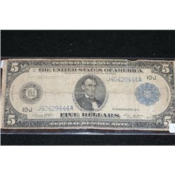 1914 US Federal Reserve Note $5, Blue Seal Kansas City MO Reserve, #J40429444A
