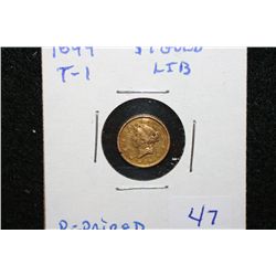 1849 Gold Liberty $1 Coin T-1, Repaired
