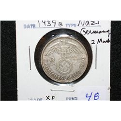 1939B Nazi Germany 2 Reichsmark, XF, Flying Eagle w/Swatstika