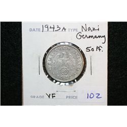 1943A Nazi Germany 50 Reichspfennig Foreign Coin, VF, Flying Eagle w/Swatstika