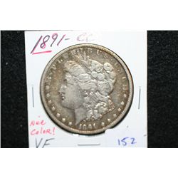 1891-CC Silver Morgan $1, VF, Nice Color