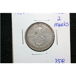 1938F Nazi Germany 2 Reichsmark, Flying Eagle w/Swatstika