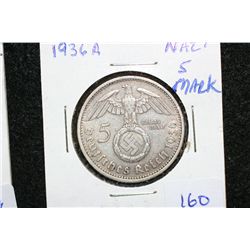 1936A Nazi Germany 5 Reichsmark, Flying Eagle w/Swatstika