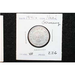 1941D Nazi Germany 50 Reichspfennig Foreign Coin, VF, Flying Eagle w/Swatstika