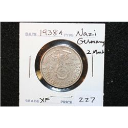 1938A Nazi Germany 2 Reichsmark, XF, Flying Eagle w/Swatstika