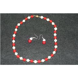 8-9 MM White Pearl & Red Jade 18" Necklace with Drop Earrings, NEW!
