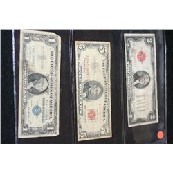 1957 US Silver Certificate $1, Blue Seal, #I46438065A, 1963 United States Note $5, Red Seal, #A24436