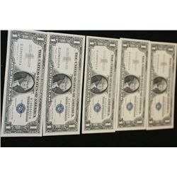 1957-A US Silver Certificate $1, Blue Seal, #Q18960946A thru #Q18960950A, Consecutive numbers, lot o
