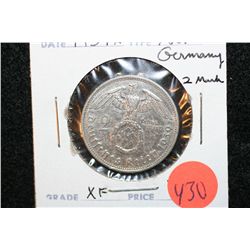 1939A Nazi Germany 2 Reichsmark, XF, Flying Eagle w/Swatstika