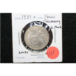 1939A Nazi Germany 2 Reichsmark, KM93, Flying Eagle w/Swatstika