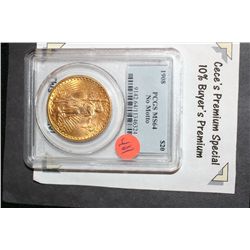 1908 St. Gaudens $20 Gold Coin, PCGS Graded MS64-No Motto  **CeCe's Premium Special 10% Buyer's Prem