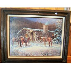 Framed Picture Winter Cabin w/horses