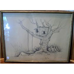 Framed picture Tree house, A Ginn "76"