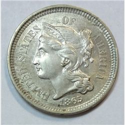 1865 3 cent nickel  highly lusterous AU
