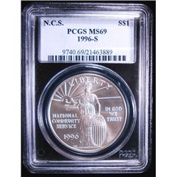 1996-S NATIONAL COMMUNITY SERVICE COMMEMORATIVE SILVER DOLLAR, PCGS MS69!