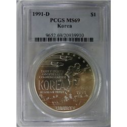 1991-D KOREAN DOLLAR PCGS MS69