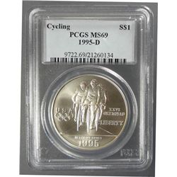 1995-D ATLANTA OLYMPICS CYCLING, COMMEMORATIVE SILVER DOLLAR, PCGS MS69!