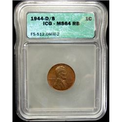 1944-D/S D OVER S LINCOLN CENT, ICG MS64 RB RARE!  FS-512, OMM-2