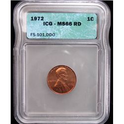 1972/72 DOUBLED DIE OBVERSE LINCOLN CENT, ICG MS66 RED NICE, RARE! FS-101