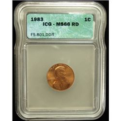 1983/83 DOUBLED DIE REVERSE LINCOLN CENT, ICG MS66 RED NICE, RARE! FS-801