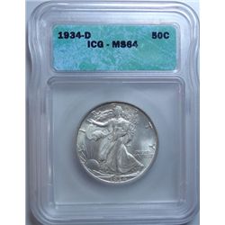 1934-D WALKING LIBERTY HALF DOLLAR  ICG MS-64