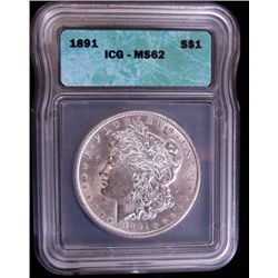 1891 MORGAN SILVER DOLLAR, ICG MS 62