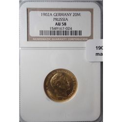 1902A German Prussia  20 mark gold  .2305 oz.