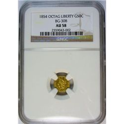 1854 CALIFORNIA GOLD 50 CENT BG-308 NGC AU-58