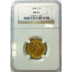 1888-S $5 LIBERTY GOLD NGC MS-61