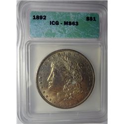 1892 MORGAN DOLLAR ICG MS63 SUPER COLOR