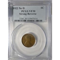 1922 NO D LINCOLN CENT PCGS VF-30 STRONG REVERSE